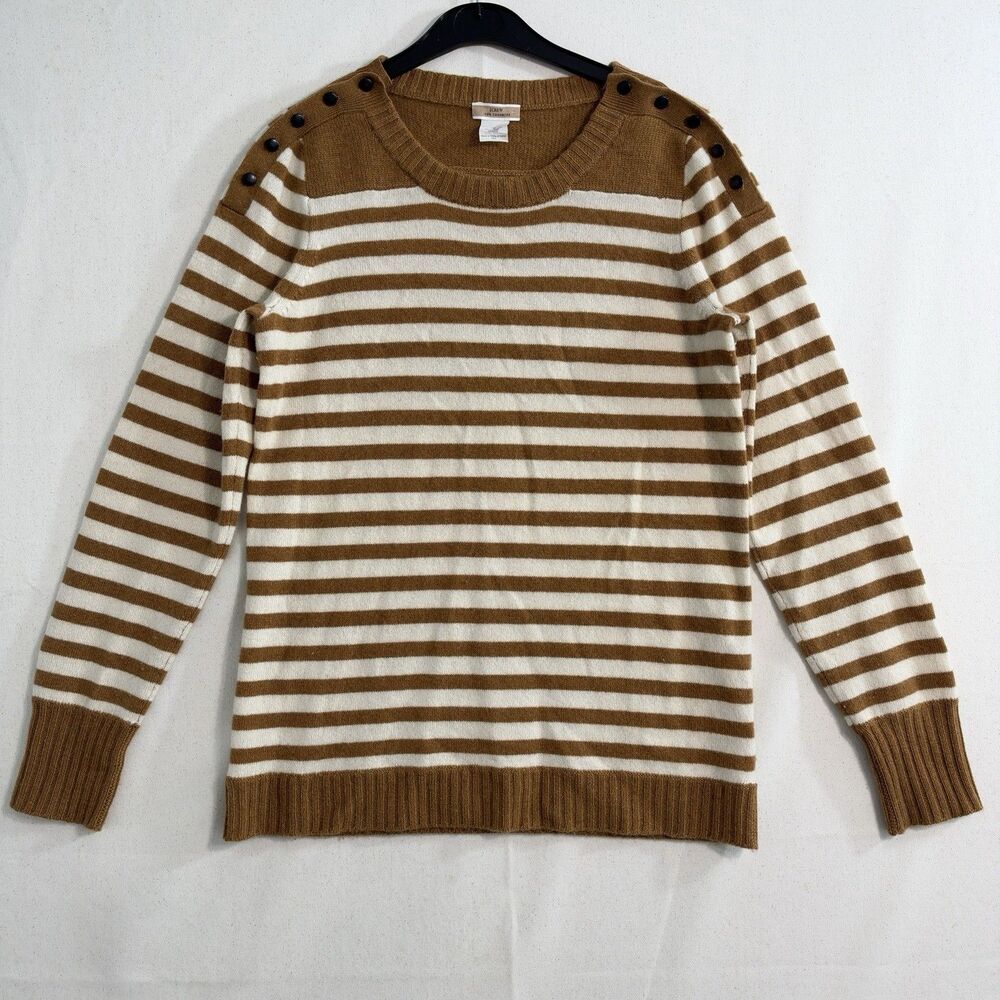J.Crew J. Crew Collection Cashmere Button Striped Brown/Cream LS Sweater M